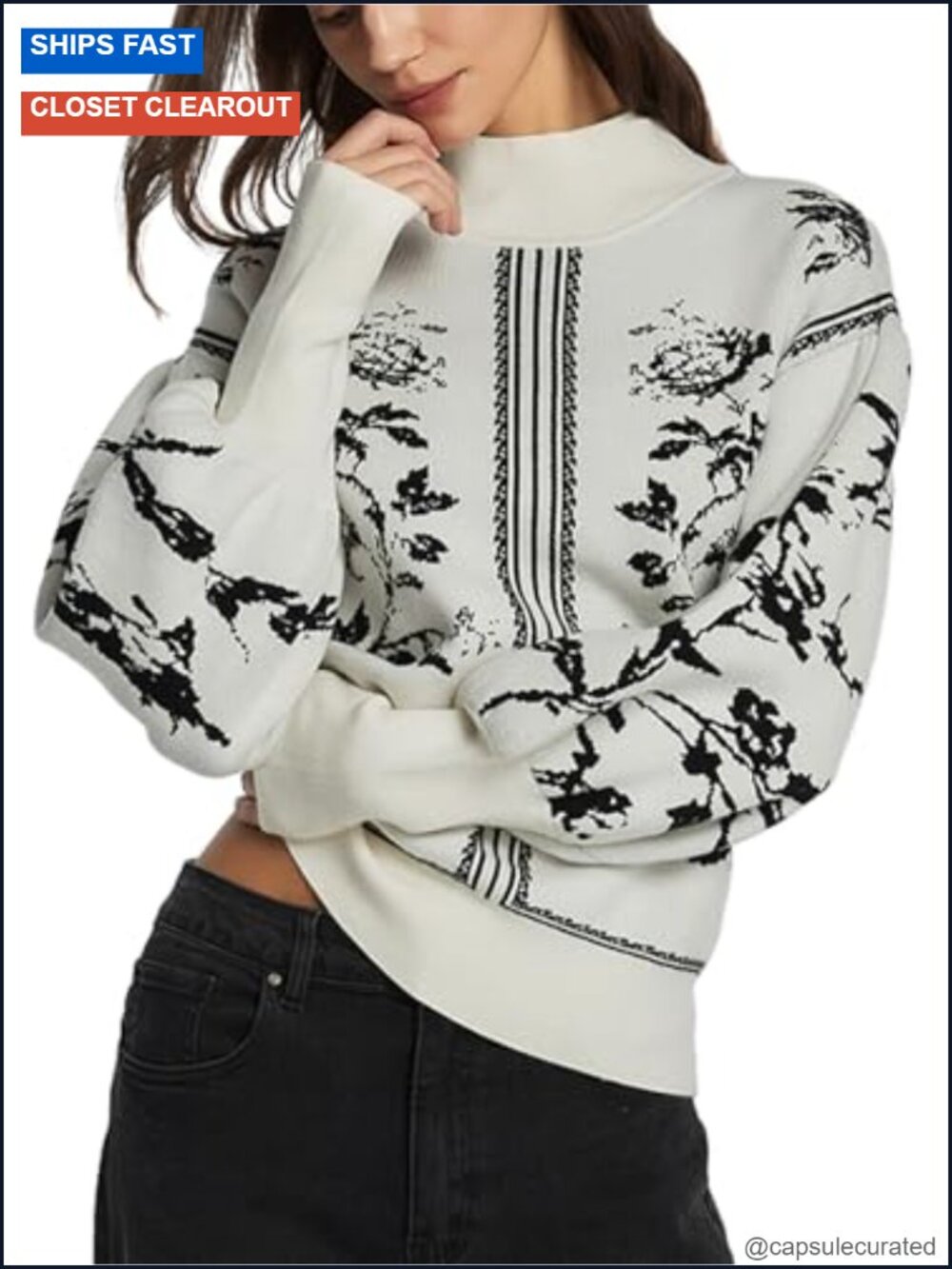 Womens Turtleneck Sweater Print Long Lantern Sleeve Knit Pullover